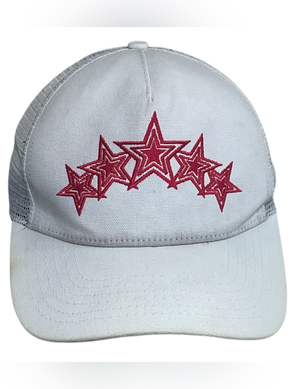 AMIRI 5 Star Trucker Hat White Pink Embroidered Mesh Snapback Cap